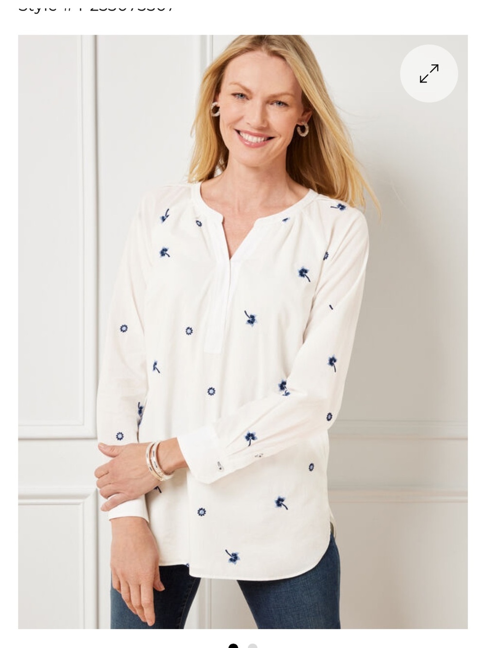 Talbots White Tunic with Navy Floral Embroidery